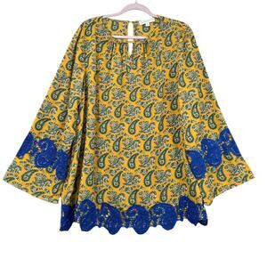 Suzanne Betro Yellow Paisley Bell Sleeves Blue Lace Trim Tunic Blouse Size 2X
